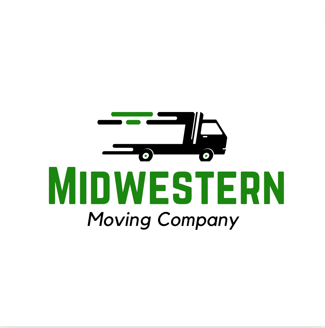 Logo of Midwestern Moving Company with a moving truck and green lettering.